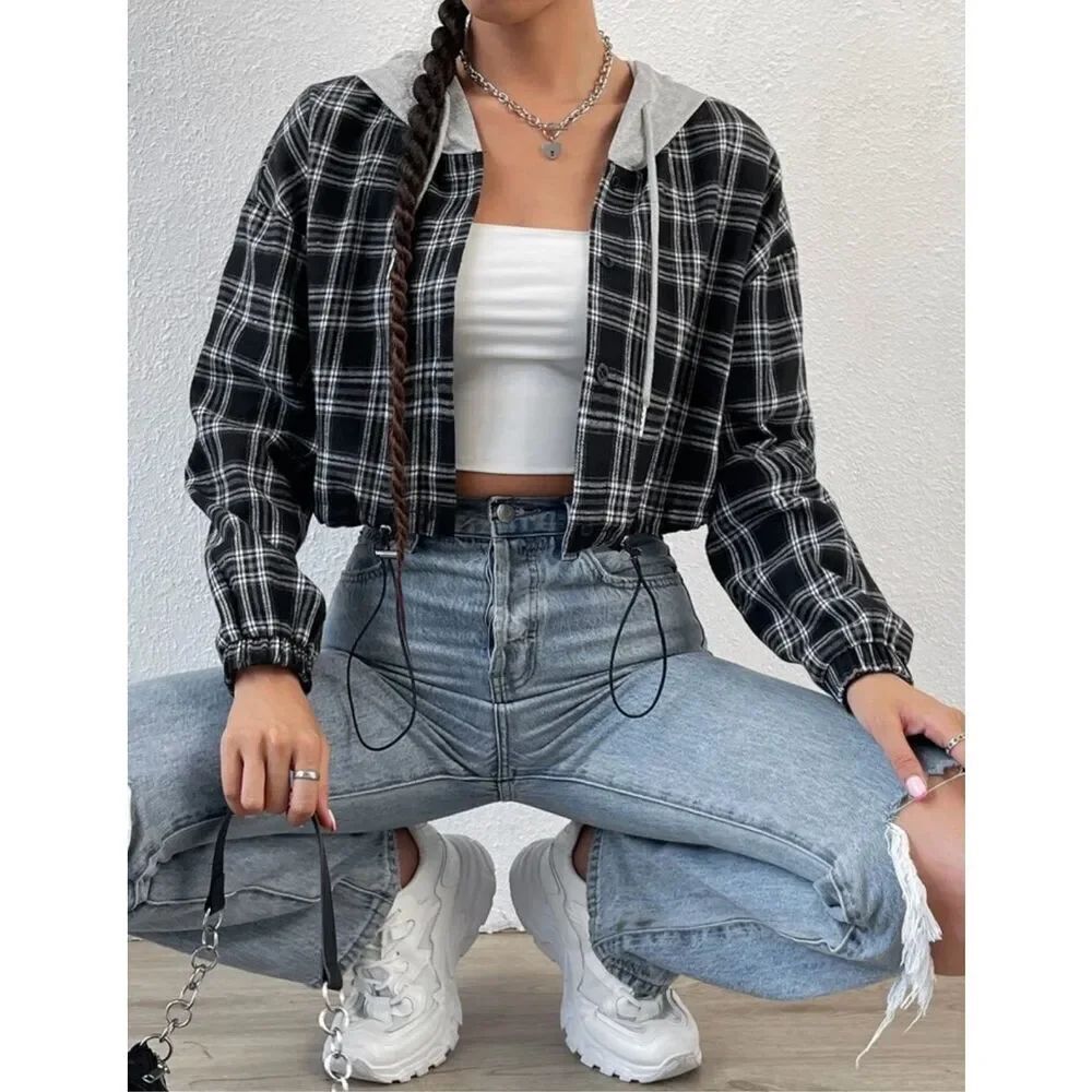 SHEIN Black Plaid Hoodie Sz L EUC